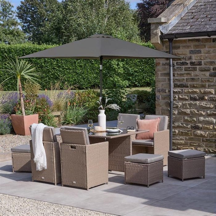 8 Seater Rattan Cube Outdoor Dining Set - Brown Weave Glass Top with addon Parasol Grey Led Premium - Laura James