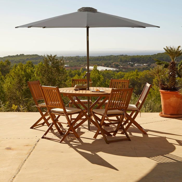 Ashby 6 Seater Round Wooden Garden Dining Set with Arms & Grey LED Premium Parasol  - 130cm - Laura James