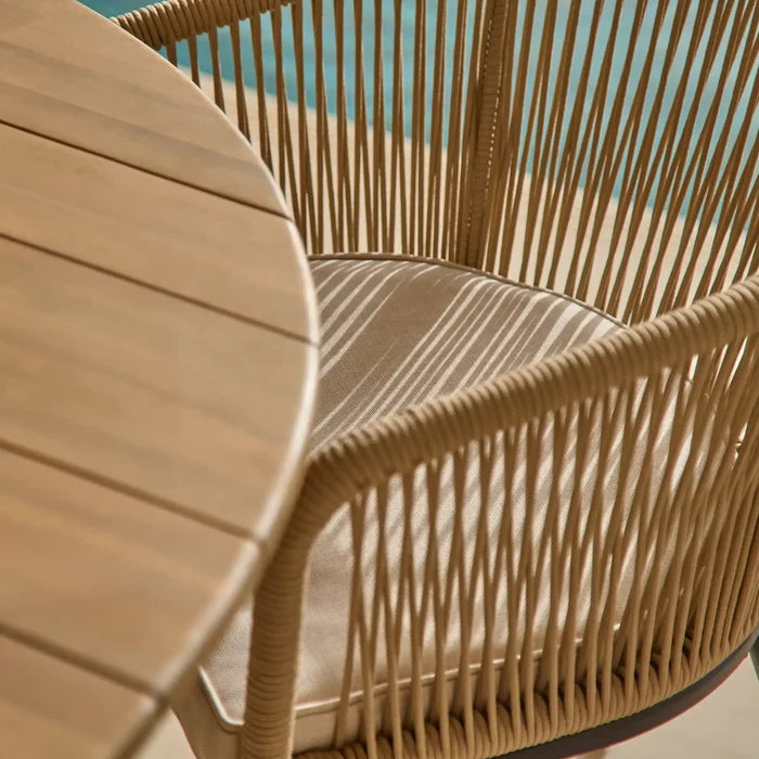 Ezra  Whitewash Round Outdoor Dining Set with Natural Hali Rope Chairs - Laura James