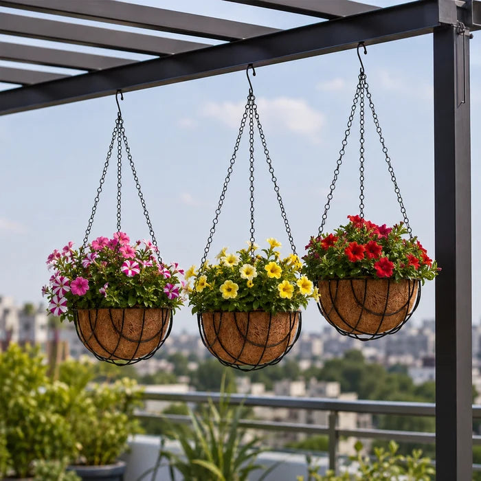 Hanging Coir Basket Planter with Metal Chain & S-Hook (Pack of 3)