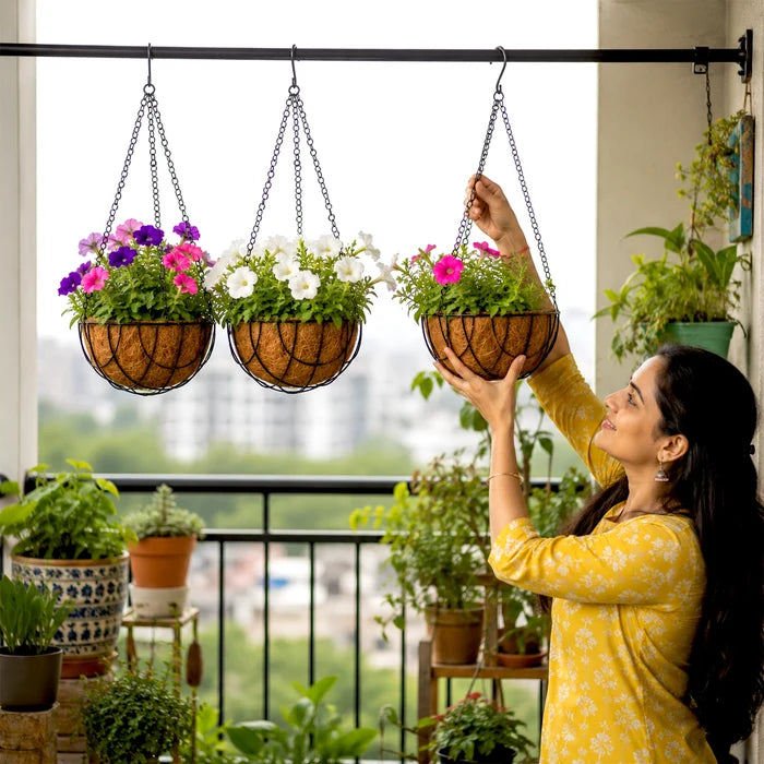 Hanging Coir Basket Planter with Metal Chain & S-Hook (Pack of 3)