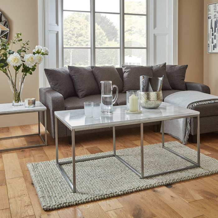 Jay coffee table and side tables - marble effect and chrome - Laura James