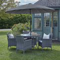 Kemble 4 Seater Rattan Round Dining Set in Grey with Parasol - Laura James