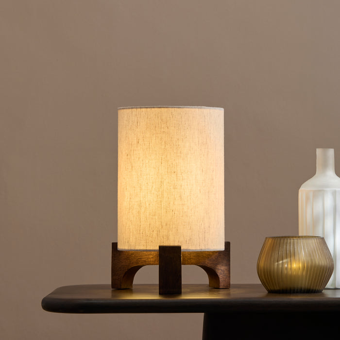 Konduru 30cm Table Lamp - Natural Fabric and Darkened Mango Wood - Laura James