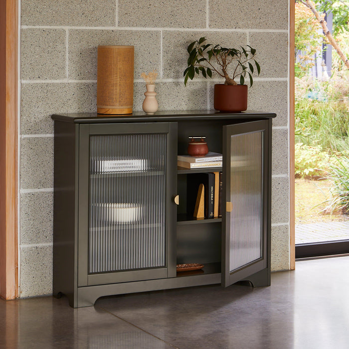 Lua Narrow 2 Door Sideboard in Fir Green with Fluted Glass - Laura James