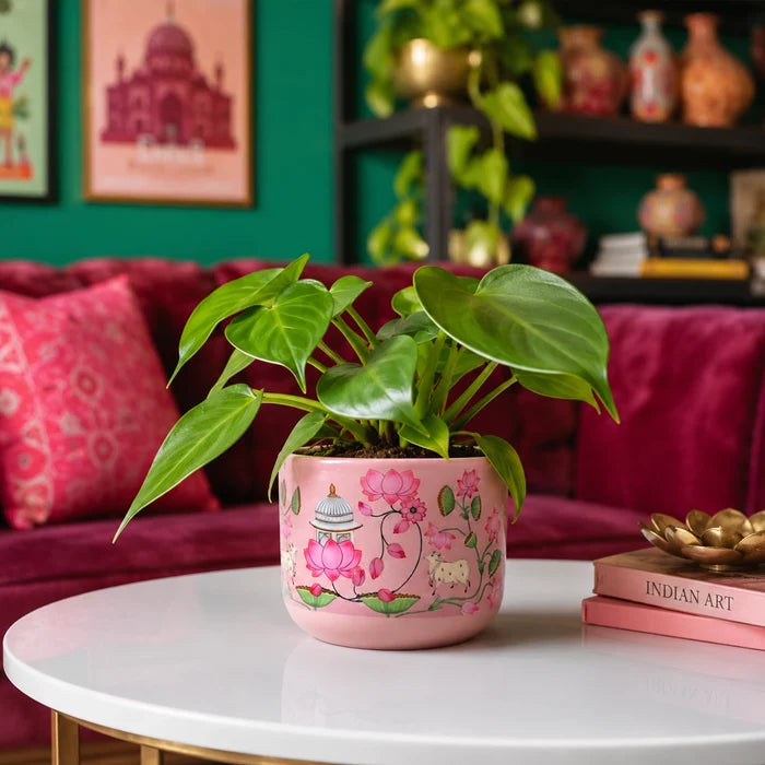 Mahal 3D Print Terracotta Pot in Blush Pink with lotus and Indian heritage artwork by Urban Plant