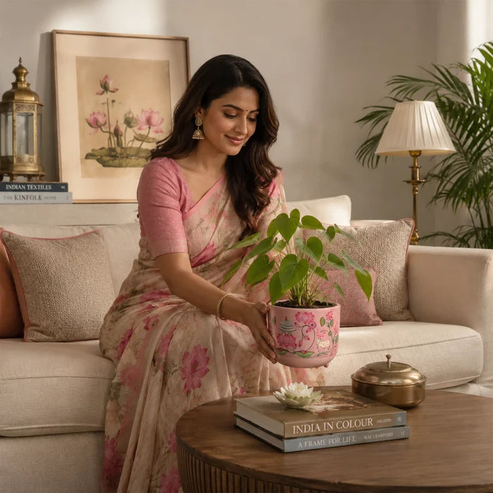 Mahal 3D Print Terracotta Pot in Blush Pink with lotus and Indian heritage artwork by Urban Plant