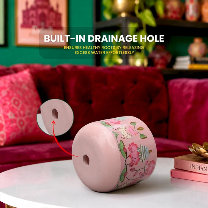 Mahal 3D Print Terracotta Pot in Blush Pink with lotus and Indian heritage artwork