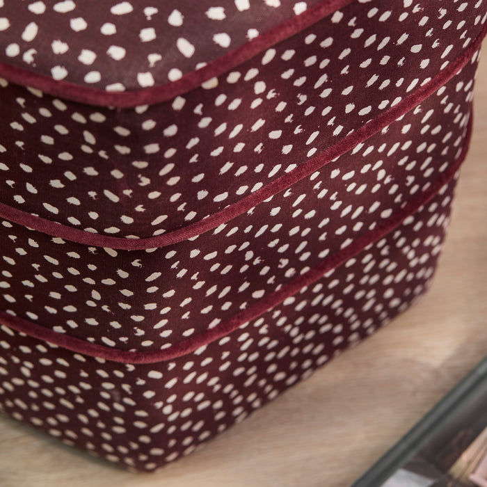 Margot 45cm Hexagon Footstool - Burgundy Spot with Burgundy Velvet Piping - Laura James