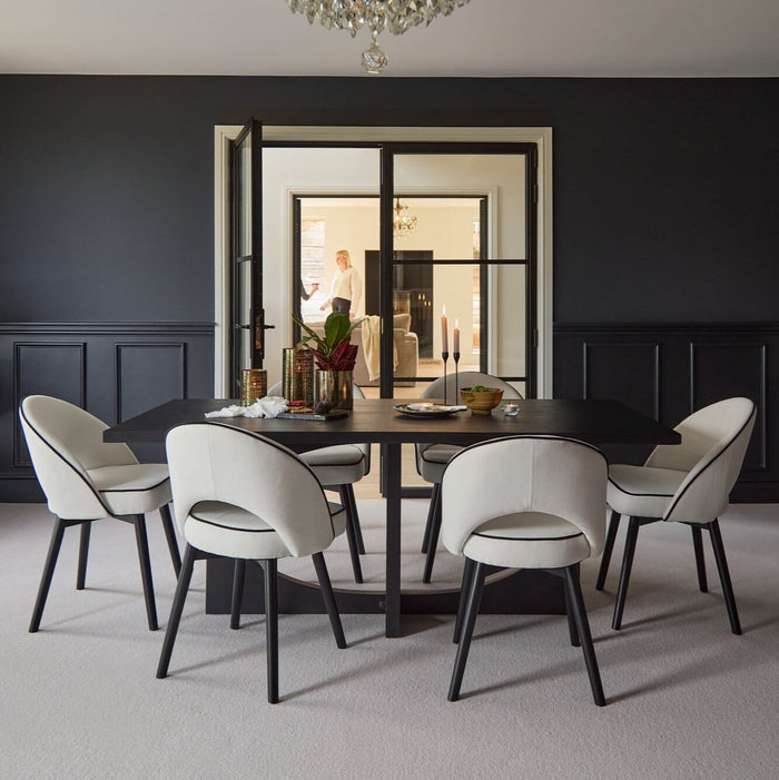 Jade Jet Black Rectangular Acacia Dining Table Set - 6 Seater - Marilyn Ivory with Black Piping Dining Chairs with Black Legs - Laura James