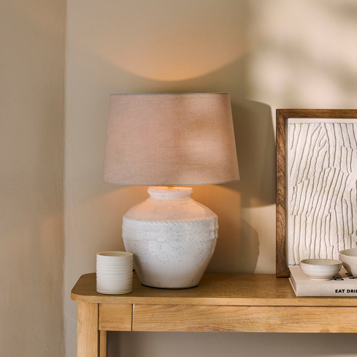 Merton Ceramic Lamp Base with Coningsby Taupe Shade - 40cm - Laura James