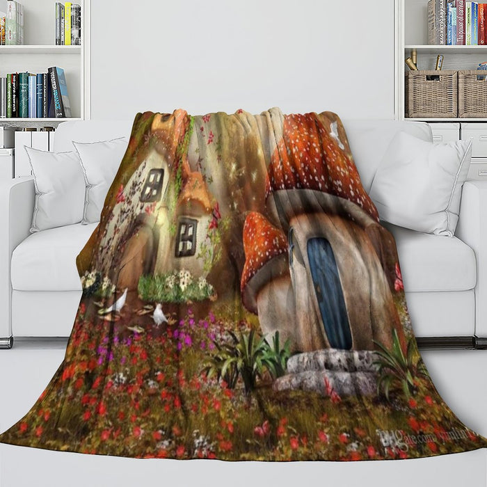 Mushroom House Blanket Flannel Throw Room Decoration