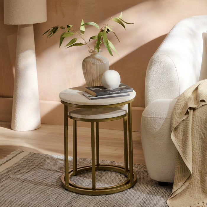 Nara White Marble Round Nesting Side Tables - Gold Frame - Laura James