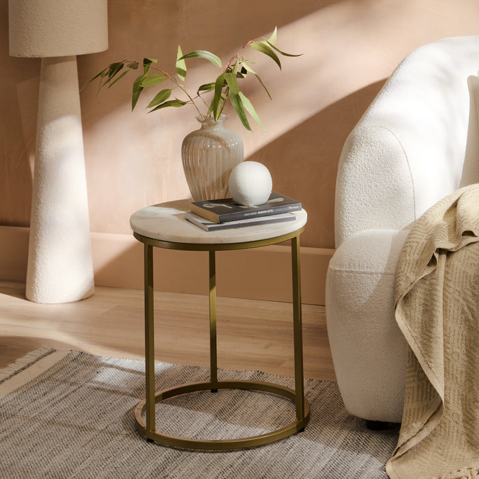 Nara White Marble Round Side Table - Gold Frame - Laura James
