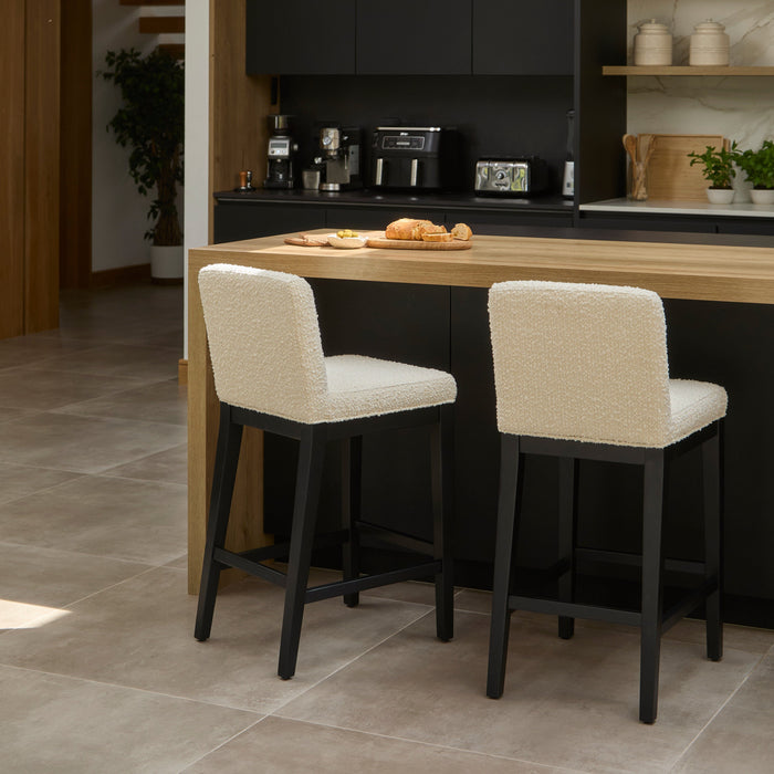 Nolan White Boucle Bar Stool - Black Oak Legs - Laura James
