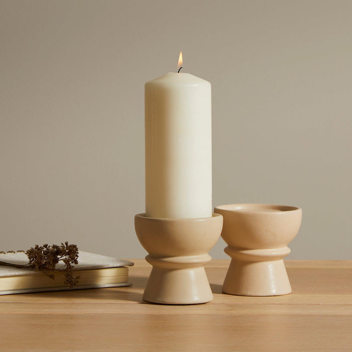 Ackton 9cm Ceramic Pillar Candle Holder - Set of 2 - Taupe - Laura James