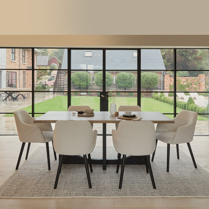 Jade Mango Wood  Rectangular Acacia Dining Table Set - 6 Seater - Freya Boucle Armchairs with Black Legs - Laura James