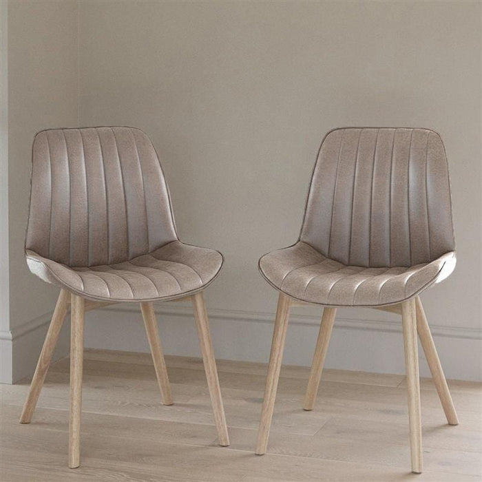 Outlet - Bella Almond Brown Faux Leather Dining Chairs - Set of 2 - Whitewash Oak Legs