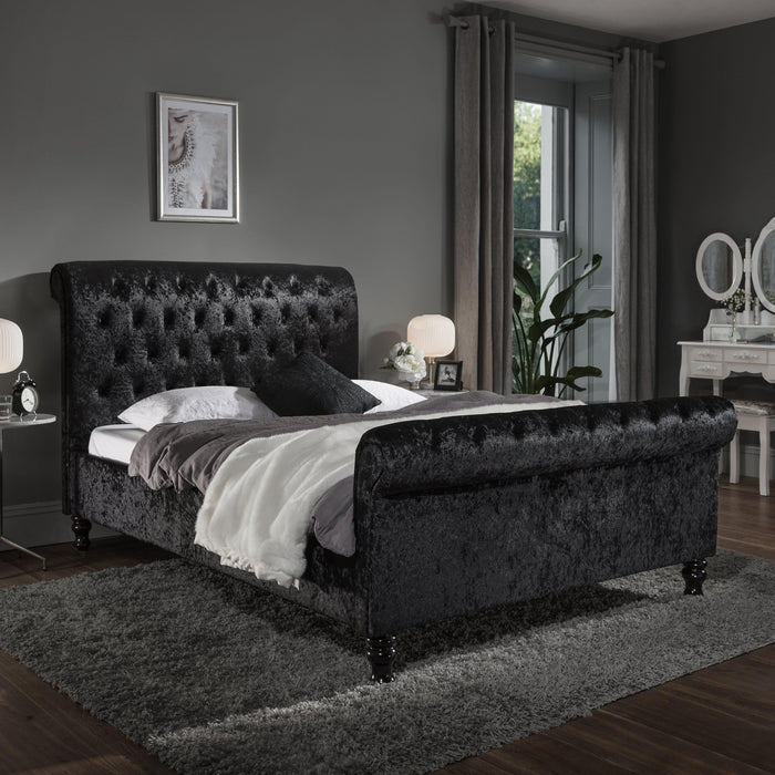 Outlet - Black Crushed Velvet Sleigh Bed Frame King Size - Laura James