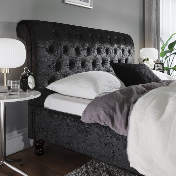 Outlet - Black Crushed Velvet Sleigh Bed Frame King Size - Laura James