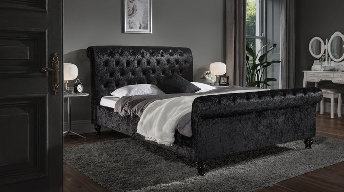 Outlet - Black Crushed Velvet Sleigh Bed Frame King Size - Laura James