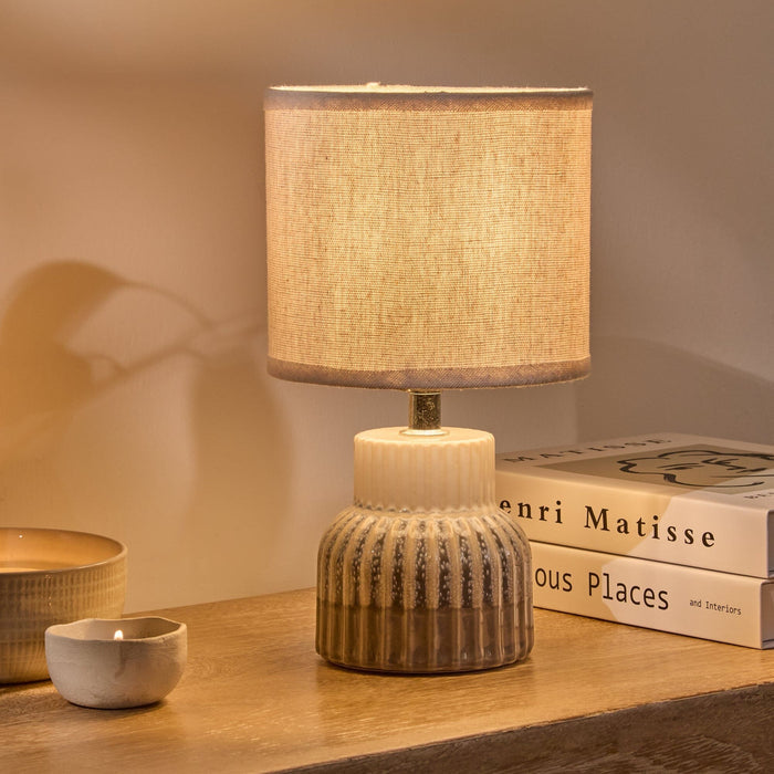 Coates 27cm Ceramic Table Lamp - Blue Reactive Glaze with Cream Linen Shade - Laura James