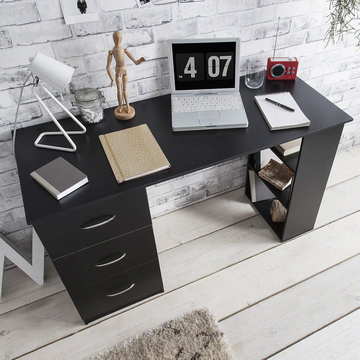 Black Computer Desk With 3 Drawers / 3 Shelves - Laura James