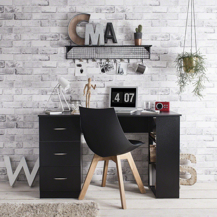 Black Computer Desk With 3 Drawers / 3 Shelves - Laura James