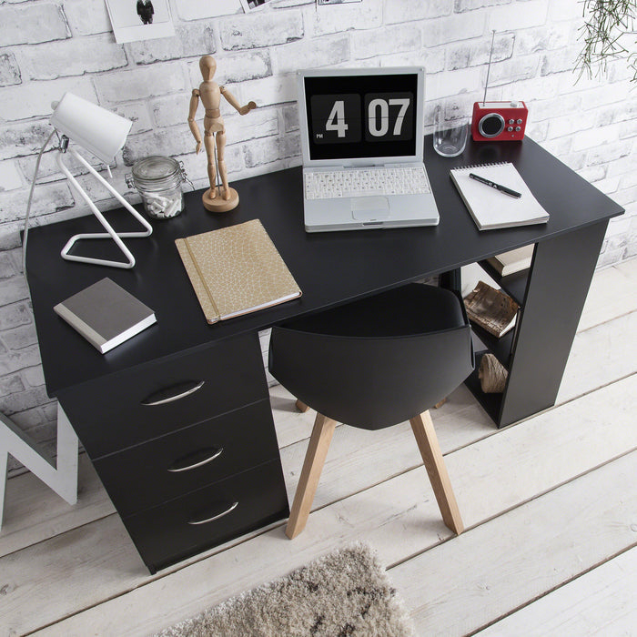 Black Computer Desk With 3 Drawers / 3 Shelves - Laura James