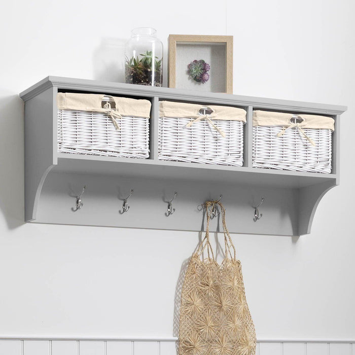 OUTLET-Fyfield Coat Hooks with Shelf & Storage Baskets - Grey - Laura James