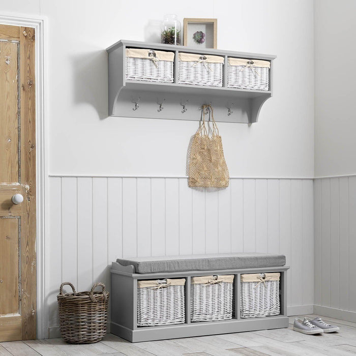OUTLET-Fyfield Coat Hooks with Shelf & Storage Baskets - Grey - Laura James