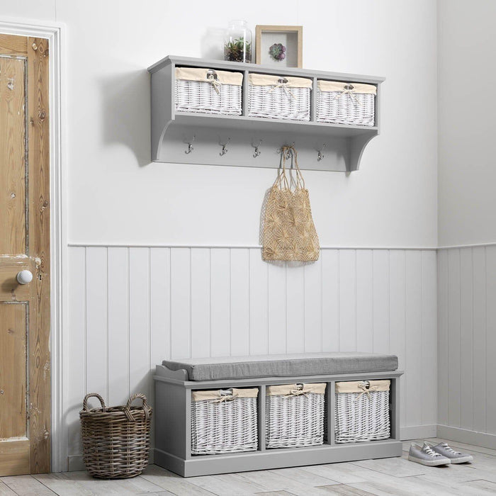 OUTLET-Fyfield Coat Hooks with Shelf & Storage Baskets - Grey - Laura James