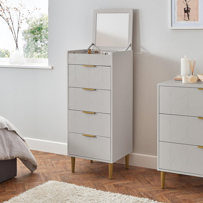 Gloria tallboy - grey and brass effect - Laura james