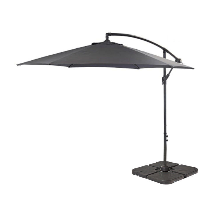 Round 2.9m Grey Lean-Over Parasol with 80kg Quartered Parasol Base - Black Plastic - Laura James