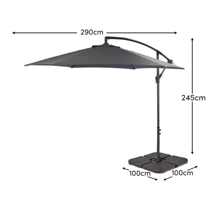 Round 2.9m Grey Lean-Over Parasol with 80kg Quartered Parasol Base - Laura James