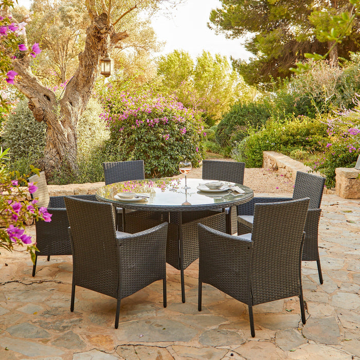 6 Seater Rattan Round Dining Set with Parasol - Rattan Garden Furniture - Black - Laura James