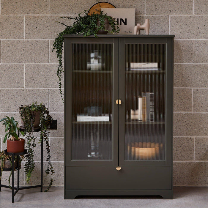 Lua Tall Cabinet in Fir Green with Fluted Glass - Laura James