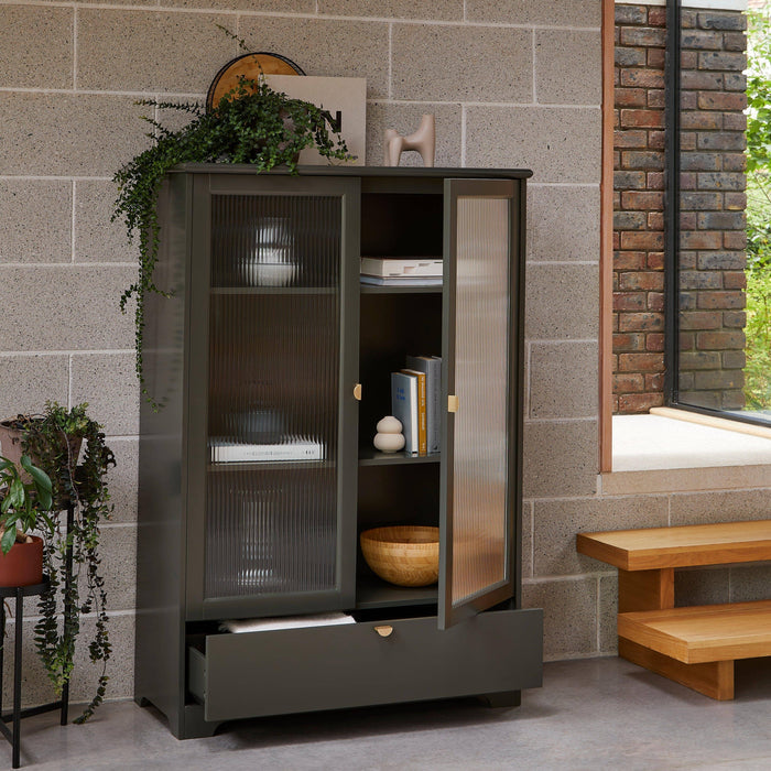 Lua Tall Cabinet in Fir Green with Fluted Glass - Laura James