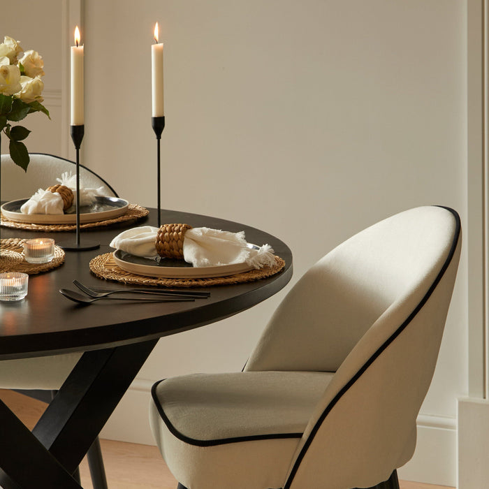 Levi Black Round Dining Table Set - 4 Seater - Marilyn Ivory Dining Chairs with Black Legs - Laura James