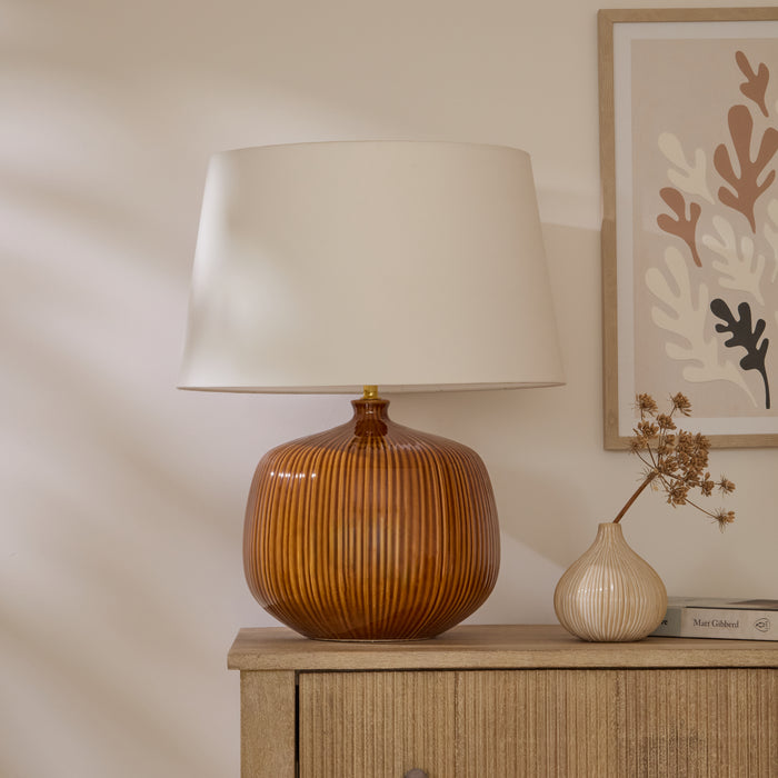 Tongham 31cm Ceramic Lamp Base - Saffron Yellow & Coningsby 40cm Cotton Lamp Shade - Snow White - Laura James