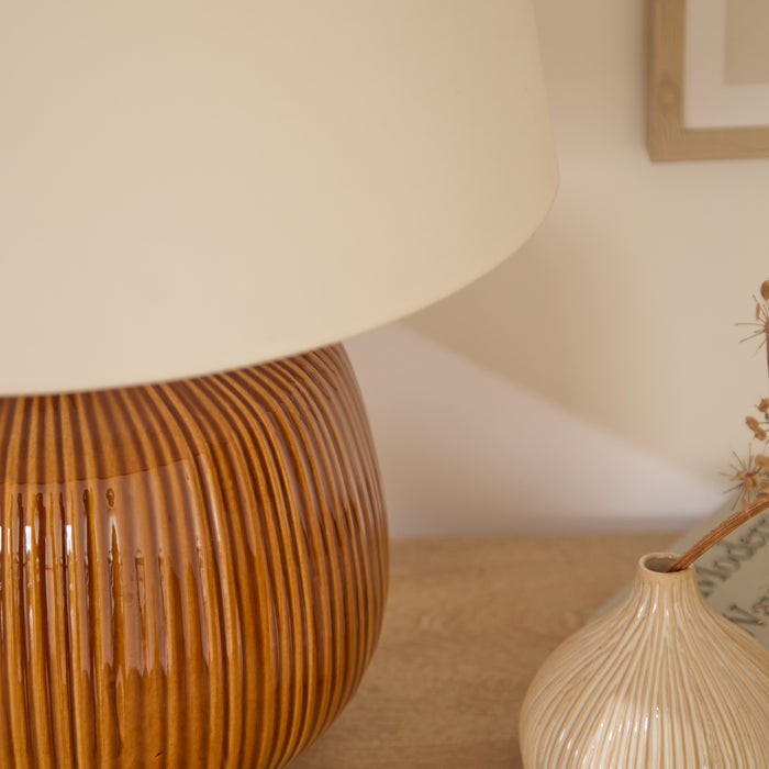 Tongham 31cm Ceramic Lamp Base - Saffron Yellow & Coningsby 40cm Cotton Lamp Shade - Snow White - Laura James
