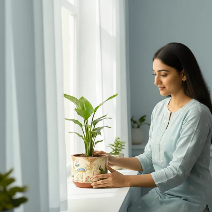 RANG terracotta planter with Badshahi Beige color for indoor plants lifestyle