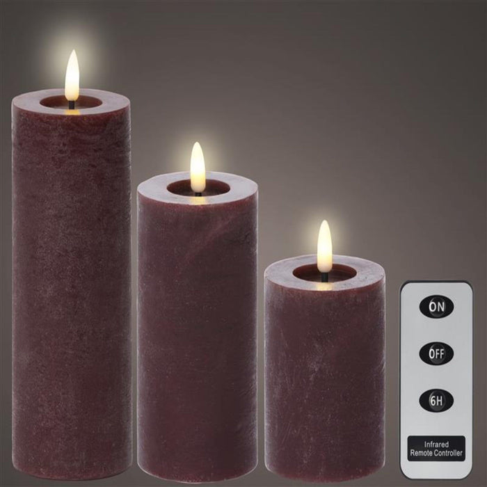 Samsta Battery Pillar Candles - Set of 3 - Burgundy Red - Laura James