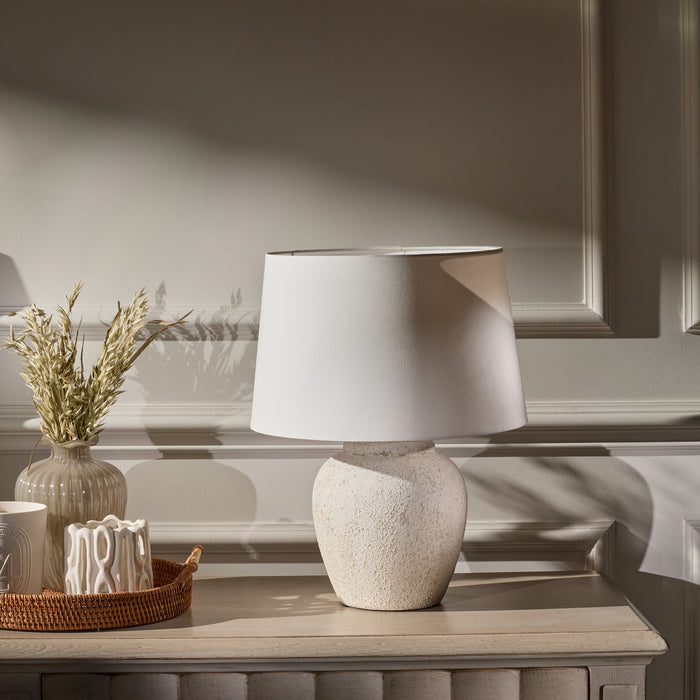 Selham 30cm Ceramic Lamp Base - Rustic White with Coningsby 35cm Cotton Lamp Shade - Snow White - Laura James