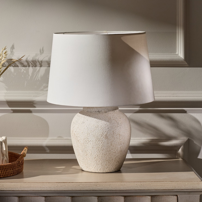 Selham 30cm Rustic White Ceramic Lamp Base & Coningsby Snow White Cotton Lampshade - 35cm - Laura James
