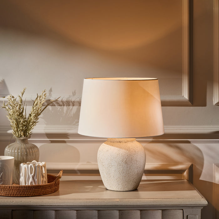 Selham 30cm Rustic White Ceramic Lamp Base & Coningsby Snow White Cotton Lampshade - 35cm - Laura James