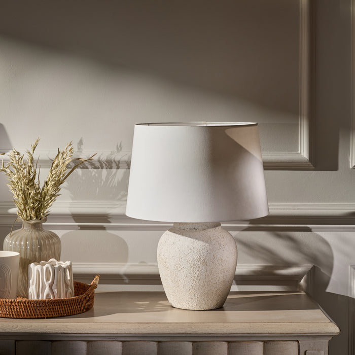 Selham 30cm Rustic White Ceramic Lamp Base & Coningsby Snow White Cotton Lampshade - 35cm - Laura James