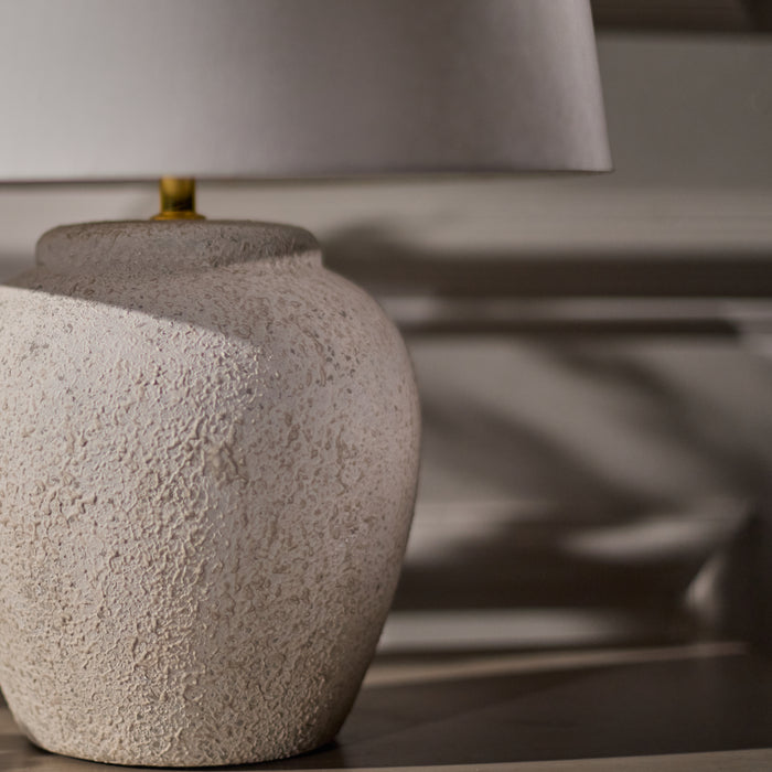 Selham 30cm Ceramic Lamp Base - Rustic White with Coningsby 35cm Cotton Lamp Shade - Snow White - Laura James
