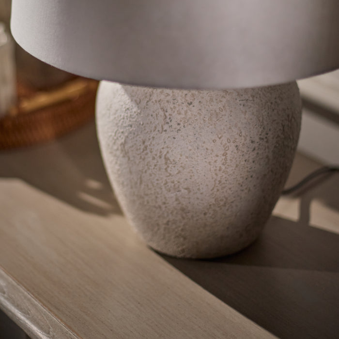 Selham 30cm Ceramic Lamp Base - Rustic White with Coningsby 35cm Cotton Lamp Shade - Snow White - Laura James