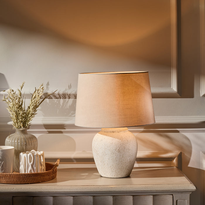 Selham 30cm Ceramic Lamp Base - Rustic White with Coningsby 35cm Cotton Lamp Shade - Taupe - Laura James